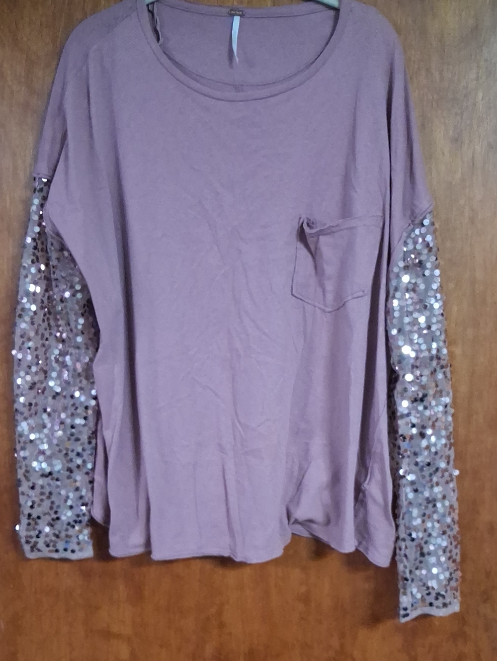 Free People Mauve Long Sleeve Tee with Sequin Sleeves